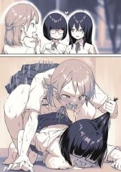 3girls absurdres ayanakitori bad_source bar_censor blurry blurry_background blush bob_cut bra bra_pull breasts censored closed_mouth clothes_lift clothes_pull collared_shirt doggy_style drooling futa_with_female futanari glasses grabbing_another's_hair hair_between_eyes highres large_breasts long_hair multiple_girls neck_ribbon open_clothes open_mouth open_shirt original penis pleated_skirt rape ribbon saliva school_uniform sex sex_from_behind shirt short_hair skirt skirt_lift smile textless_version tongue top-down_bottom-up underwear