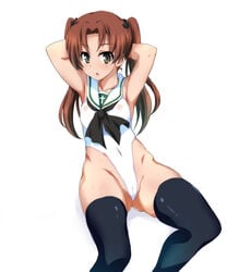 1girls armpits arms_behind_head blush breasts brown_eyes brown_hair cameltoe female girls_und_panzer highleg highleg_leotard kadotani_anzu leotard nipples ouhashi partially_visible_vulva small_breasts solo thighhighs tied_hair twintails