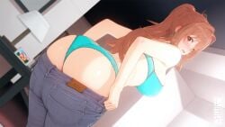 ayane_(blue_paradise) big_ass blue_paradise blush bra brown_hair embarrassed jeans koikatsu_(medium) locke3k-koi looking_at_viewer looking_back mature_female milf panties teal_bra teal_panties teal_underwear underwear undressing