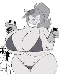 1boy1girl abbie_(fundamental_paper_education) abs belly_button bikini blush_lines fundamental_paper_education grin grinning_at_viewer huge_breasts lana_(fundamental_paper_education) looking_at_another looking_at_viewer momiji_(artist) ponytail sharp_teeth slightly_chubby tagme thick_thighs wide_hips