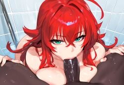 1boy 1girls ai_generated blue_eyes close-up cock dark-skinned_male ded_173 deepthroat face_closeup fellatio from_above high_school_dxd indoors interracial red_hair rias_gremory shower