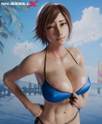 1girls 3d absurd_res big_breasts bikini breasts breasts breasts_bigger_than_head brown_eyes brown_hair cleavage cleavage_overflow highres kazama_asuka shaddoll_x sole_female solo tekken tekken_8