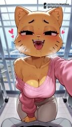 1boy 1girls ai_generated animal_ears animal_nose black_eyes blush body_fur breasts bulge cartoon_network cat_ears cat_girl cleavage collarbone facial_mark fangs female furry furry_female furry_male furry_with_non-furry grey_pants half-closed_eyes heart indoors interspecies large_breasts looking_at_viewer male mykibuu nickelodeon nicole_watterson off-shoulder_sweater off_shoulder open_mouth oral_invitation pants pink_sweater pov saliva smile snout solo_focus straight sweat sweater teeth the_amazing_world_of_gumball tongue tongue_out uvula whiskers yellow_fur