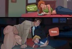 1girls 2boys anal anal_sex ass blonde_hair brown_hair color colored disney english english_text female gay gay_anal gay_domination gay_male gay_sex hair james_timothy_possible kim_possible kimberly_ann_possible male male/male male_focus male_only male_penetrating meme muscles muscular muscular_male my_dad_isn't_home_(meme) netorare penetration pleasurepuppynsfw ron_stoppable size_difference size_play text uncensored yaoi