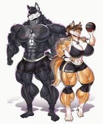 abs biceps big_breasts big_muscles breasts brown_hair bulge canine female hair huge_breasts large_breasts large_muscles male muscles muscular muscular_arms muscular_female muscular_legs muscular_male muscular_thighs pecs shorts tail wolf