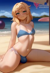 1boy 2d ai_generated ass bangs barefeet big_ass bikini blonde_hair bulge erection erection_under_clothes erophoenix feet full_body green_eyes looking_at_viewer looking_back male male_focus navel nude otoko_no_ko pale_skinned_male patreon_username penis sitting smile soles solo solo_male sweat swimsuit thick thick_thighs toes uncensored
