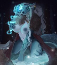 anthro azurebolt breasts canine female magic mammal nipples open_jacket outside pastelhues pussy snow solo