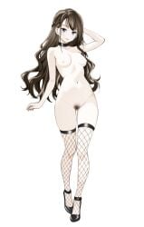 absurdres black_choker black_thighhighs breasts brown_hair choker female fishnet_thighhighs fishnets green_eyes highres long_hair looking_at_viewer moonsorrow navel nipples nude open_mouth original small_breasts solo standing stomach thigh_gap thighhighs very_long_hair white_background