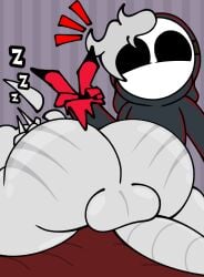 anthro ass balls big_butt bone bones_(skeletonhearts) butt_focus clothing duo fish_bone_(mario) futanari genitals gesture gloves grey_hair hair hand_gesture handwear herm hi_res huge_butt humanoid intersex male mario_bros mario_kart_world mask nintendo penis red_clothing red_gloves red_handwear shyguy skeleton skeletonhearts sleeping sleeping_nude v_sign wearing_mask