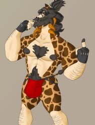 abs adam's_apple anthro beard big_bulge black_jewelry black_nipples body_hair bottomwear brown_eyes bulge cigarette cigarette_in_mouth clothed clothing curly_hair ear_piercing eye_scar facial_hair facial_piercing facial_scar fingers fur gesture giraffe giraffid gloves grey_hair hair hand_gesture handwear happy_trail hi_res hooved_fingers hooves jewelry jockstrap lip_piercing long_beard male mammal markings middle_finger mole_under_eye mora_giraffe mostly_nude moustache musclegut muscular muscular_anthro muscular_male nipples nose_jewelry nude object_in_mouth partially_clothed pecs piercing ponytail pubes red_bottomwear red_clothing red_jockstrap red_underwear scar shirtless shirtless_anthro shirtless_male solo spots spotted_body spotted_fur starmoral tall underwear underwear_only
