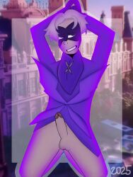 1boy 2025 balls betterfly_(miraculous_ladybug) cock erection gabriel_agreste hawkmoth ibispaintx light_hair light_skin littlelilith male male_only masked masked_male miraculous:_tales_of_ladybug_and_cat_noir miraculous_ladybug no_panties on_knees smile solo violet_clothing