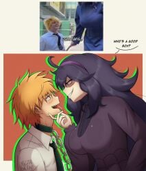 1boy1girl big_breasts breasts breasts chainsaw_man denji_(chainsaw_man) dominant dominant_female domination hex_maniac pokemon purple_eyes purple_hair text yultarinn