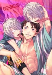3boys adopted_son adoptive_father aged_up black_hair blush facial_scar fangs father_and_son gay gay_male gegege_no_kitarou getakichi ghost_boy hair_over_one_eye kimono kitarou kitarou_tanjou_gegege_no_nazo licking long_tongue looking_at_viewer male male_only medama_oyaji_(human) mizuki_(gegege_no_kitarou) mmm_threesome monochrome official_alternate_costume open_kimono oyakodon parent_and_child scar scar_across_eye scar_on_face scars shizaki_info smile threesome tongue_out white_hair yaoi youkai