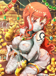 1girls arm_tattoo ass bandages blush body_blush bottle breasts circlet cleavage closed_mouth coin covered_breasts crown earrings eyebrows_visible_through_hair female female_only gem gold gold_bar hair high_resolution himaneko hips holding jewelry kneeling large_breasts legs long_hair looking_at_viewer money mummification mummy nail_polish nami necklace one_piece orange_eyes orange_hair sitting smile solo stud_earrings sword tattoo thighs tiara treasure_chest very_long_hair wariza weapon