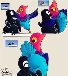 2024 anthro ass avian balls beak bent_over big_butt bird black_beak black_body black_eyes black_feathers black_outline black_tail black_tail_feathers black_wings blue_body blue_feathers blue_tail blue_tail_feathers cartoon_network closed_eyes digital_media_(artwork) duo eye_contact face_in_ass feathered_wings feathers genitals happy hi_res hug jotarofur kneeling looking_at_another looking_back male male/male multicolored_body multicolored_feathers orange_beak outline pink_body pink_feathers pose purple_body purple_feathers rear_view signature smile standing tail tail_feathers the_amazing_world_of_gumball thick_thighs three-quarter_view two_tone_tail two_tone_tail_feathers wings yellow_sclera