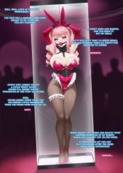 ball_gag bondage bunnysuit chastity futa jesscatg large_breasts pink_eyes pink_hair sissy sissyfication text trans trans_woman transformation twintails wide_hips