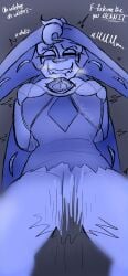 1boy ambereyecanine biting_lip blur_censor blush blush blush_lines bondage breath censored censored_genitalia cookie_run cookie_run_kingdom crying crying_while_penetrated crying_with_eyes_open fangs first_person_view jester male penetration pleasure_face pleasured shadow_milk_cookie teeth text thighs tied tied_arms tied_hands torn_bodysuit torn_clothes torn_clothing