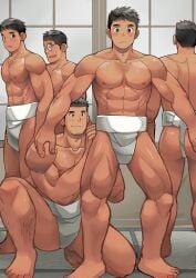 5boys abs age_difference ass back_muscles barefoot beard_stubble beefy biceps big_areola black_eyes black_hair blush bubble_butt chest_hair collarbone feet full_body fundoshi fundoshi_only gay glasses group hi_res hige_daihuku hunk indoors japanese_house kneeling leg_hair legs_apart male male/male male_only mature_male mawashi muscles muscular muscular_arms muscular_ass muscular_back muscular_legs muscular_male muscular_thighs no_visible_genitalia original original_character pecs pubic_hair round_ass short_hair six_pack sliding_doors standing tatami topless triceps tying tying_fundoshi white_fundoshi yaoi