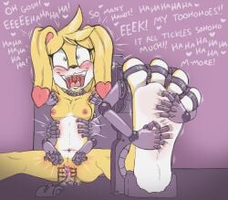 anthro bodily_fluids caroo collar feathers feet female genital_fluids hi_res lagomorph laugh leporid machine mammal open_mouth rabbit saliva solo sweat sweatdrop tears tickle_torture tickling tickling_armpits tickling_feet tickling_genitalia tickling_pussy tickling_sides tickling_thighs tickling_toes vaginal_fluids