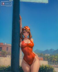 1girls ai_generated aisinful big_breasts breasts brown_hair cleavage female female_only hi_res huge_breasts large_breasts may_(pokemon) pokemon solo swimsuit thick_thighs thighs wide_hips
