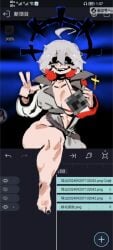 alight_motion black_eyes bra breasts censored feet female gray_hoodie legs nipples_visible_through_clothing no_panties no_pants peace_sign r63 sans showing_breast smiling_at_viewer sp_dusttale thighs undertale white_hair
