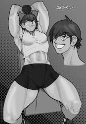 abs bushmannerino commission commission_art gym gym_clothes gym_uniform muscular_female newgrounds newgrounds_username short_hair shorts spats spats_shorts thick_eyebrows thick_thighs tomboy working_out