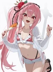 1girls belly belly_button bikini fangs feet hair_flower long_hair navel nijisanji nijisanji_en pink_bikini pink_hair pink_panties ponytail popsicle red_eyes red_nails rosemi_lovelock sandals see-through_shirt short_shorts small_breasts smile thighs virtual_youtuber white_shirt white_shorts wide_hips