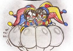 2girls alternate_costume artist_name ass_focus big_ass blush bubble_butt butt_digging charygem digging_up_in_they_ass doppelganger drawing embarrassed evil_pomni eyelashes female female_only glitch_productions jester motion_lines onomatopoeia paper_background pomni red_eyes smug the_amazing_digital_circus thick_thighs