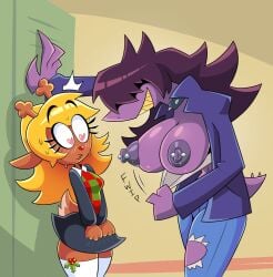 anthro ass big_breasts big_butt blonde_hair blush bottomwear breasts breasts_bigger_than_head clothing clothing_pull collar deer deltarune denim denim_bottomwear denim_clothing drshanks24 duo fangs female female/female fur hair hair_over_eye heart_eyes heart_symbol jacket jeans kabedon legwear mammal midriff mistletoe navel new_world_deer nipple_piercing nipples noelle_holiday pants piercing plant purple_body purple_hair purple_nipples purple_scales red_nose reindeer reptile revealing_breasts scales scalie skirt spiked_collar spikes stockings susie_(deltarune) tail tan_body tan_fur teeth thick_thighs tight_clothing topwear tube_top undertale_(series) wide_hipped_anthro wide_hipped_female wide_hips