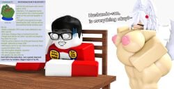 big_areola big_ass big_belly big_breasts big_butt big_nipples big_thighs breasts chud hand_on_belly hand_on_head interracial large_areolae large_ass large_breasts large_butt large_thighs meme nonalterna pale_skin pregnancy pregnant pregnant_female regret roblox scared scared_expression self_upload simple_background sitting wagging_tail white_background white_hair wolf_girl wolf_tail