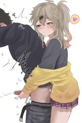 1boy absurdres assertive_female belt black_belt black_hair black_shirt blue_eyes blush brown_hair cardigan closed_mouth commentary_request cowboy_shot earrings eru_aise female grey_pants handjob heart highres jewelry kasukabe_tsumugi long_hair long_sleeves looking_at_another male miniskirt one_side_up paid_reward_available pants penis penis_out pleated_skirt purple_skirt shirt simple_background skirt smile solo_focus spoken_heart straight trembling variant_set voicevox white_background yellow_cardigan