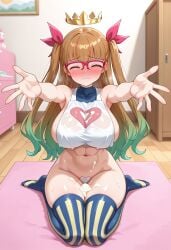 ai_generated alternate_breast_size belly belly_button big_breasts blush breasts brown_hair civitai collarbone covered_collarbone female glasses huge_breasts large_breasts long_hair looking_at_viewer) mature_female milf, multicolored_hair no_panties ohdo_yuamu pantyless purple_eyes sideboob thick_thighs yu-gi-oh! yu-gi-oh!_go_rush!! yuamu_ohdo