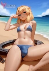1boy 2d ai_generated ass bangs barefeet big_ass bikini blonde_hair bulge erection erection_under_clothes erophoenix feet full_body green_eyes looking_at_viewer looking_back male male_focus navel nude otoko_no_ko pale_skinned_male patreon_username penis sitting smile soles solo solo_male sweat swimsuit thick thick_thighs toes uncensored