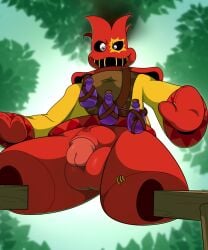 5:6 anthro balls belt bloodshot_eyes bottle clothing colored_outline container detailed_background genitals gloves half_naked handwear hi_res hoodlum_(rayman) leaf looking_at_viewer looking_down looking_down_at_viewer lum_(rayman) male mittens open_mouth penis penis_on_balls potion potion_bottle rayman_(series) red_balls red_body red_clothing red_gloves red_handwear red_mittens red_penis sewn_mouth solo spread_legs spreading standing stilts stitch_(sewing) stumbleboom_(rayman) suit surprised surprised_expression surprised_face ubisoft vein veiny_penis vorechestra yellow_clothing yellow_suit