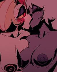 2girls big_areola big_nipples breast_squish breasts breasts_out charlie_morningstar_(hazbin_hotel) fleshpie669 girl_on_girl hazbin_hotel kissing kissing lesbian_couple lesbian_domination lesbian_focus lesbian_kiss lesbian_sex medium_breasts sweat sweaty sweaty_breasts titfight vaggie_(hazbin_hotel) yuri yuri