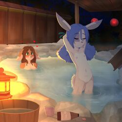 1:1 2016 absurd_res anthro barely_visible_genitalia barely_visible_penis bath bathhouse bathing being_watched biped blue_hair blush breasts brown_hair canid canine casual_nudity closed_eyes cub detailed_background dipstick_ears domestic_cat duo ear_markings erection felid feline felis female flat_chested fox fur genitals gothbunnyboy green_eyes gynomorph hair heart_symbol hi_res hot_spring hybrid intersex ketzio lagomorph leporid looking_at_another lotus_(ketzio_and_gbb) mammal multicolored_ears natsumi_(ajdurai) navel nipples nude orange_body orange_fur outside partially_submerged penis rabbit standing vulva water young young_anthro young_female