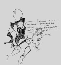 big_female_small_male deltarune deltarune_chapter_2 dominant_female femdom latex latex_clothing latex_gloves queen_(deltarune_ size_difference spamton_g_spamton strap-on taller_female