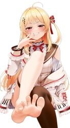 1girls 2025 ahoge asymmetrical_legwear barefoot blonde_hair blush bratty casino_(casinoep) clothed clothes feet female female_only foot_fetish foot_focus grin hair_ribbon hairclip half-closed_eyes hand_to_face head_tilt highres hololive hololive_dev_is hololive_regloss knee_up legwear light-skinned_female light_skin long_hair long_sleeves looking_at_viewer musical_note_hair_ornament nails one_leg_bent one_leg_raised otonose_kanade red_eyes side_ponytail sitting smile smirk smug smug_face sole solo spread_toes stockings thigh_strap toes virtual_youtuber white_background wiggling_toes