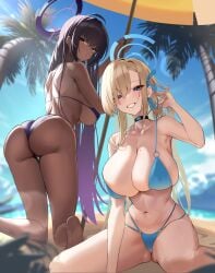 2girls absurdly_long_hair absurdres ahoge ass asuna_(blue_archive) beach beach_umbrella bikini black_bikini black_choker black_hair blonde_hair blue_archive blue_bikini blue_eyes blue_halo blue_sky blurry blurry_background breasts chocolate_and_vanilla choker cleavage cloud dark-skinned_female dark_skin day grin hair_ribbon halo highres huge_breasts karin_(blue_archive) long_hair looking_at_viewer mole mole_on_breast multi-strapped_bikini_bottom multiple_girls navel ocean ojisan_kamo_shiremasen outdoors palm_tree purple_halo ribbon sideboob sky smile stomach sunlight swimsuit tree umbrella very_long_hair yellow_eyes