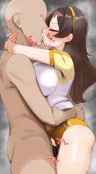 1boy bald bar_censor blush breasts brown_hair buruma censored closed_eyes clothed_female_nude_male commentary_request faceless faceless_male female french_kiss from_side gym_shirt gym_uniform hairband highres hug idolmaster idolmaster_million_live! kissing kitazawa_shiho kurozako large_breasts long_hair male nude penis saliva shirt short_sleeves straight straight_hair sweat yellow_buruma yellow_hairband