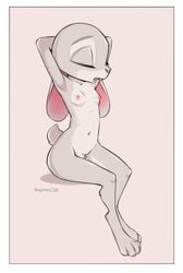 2020 anthro border breasts casual_nudity closed_eyes crotch_tuft disney female flat_chest fur grey_body grey_fur hi_res judy_hopps lagomorph leporid mammal navel nipples nude open_mouth pink_nose pubes pubic_hair qrog rabbit signature simple_background sitting small_breasts solo tuft white_border zootopia