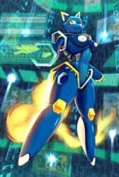 absurd_res android anthro areola blue_body breasts cyberspace digital_drawing_(artwork) digital_media_(artwork) domestic_cat e621 english_text esix felid feline felis female fire flaming_tail genitals glowing hi_res hologram machine mammal mascot medium_breasts nipples robot smeargle20 smile solo tail text typing white_areola white_nipples