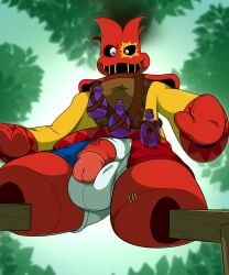5:6 balls_outline belt bloodshot_eyes bottle bulge bulge_through_clothing clothed clothing colored_outline container detailed_background detailed_bulge france french_flag genital_outline genitals gloves handwear hi_res hoodlum_(rayman) leaf looking_at_viewer looking_down looking_down_at_viewer lum_(rayman) male mittens open_mouth partially_clothed penis penis_on_balls penis_out_of_underwear penis_poking_out penis_through_underwear potion potion_bottle rayman_(series) red_body red_clothing red_gloves red_handwear red_mittens red_penis sewn_mouth solo spread_legs spreading standing stilts stitch_(sewing) stumbleboom_(rayman) suit surprised surprised_expression surprised_face ubisoft underwear vein veiny_penis vorechestra yellow_clothing yellow_suit