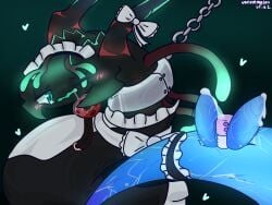 2_penises blush blush_lines bondage bondage bound calamity_(terraria_mod) chains clothing digital_media_(artwork) feral genitals heart_symbol hi_res maid_apron maid_headdress maid_uniform male multi_genitalia multi_penis one_eye_closed open_mouth penis reptile scalie sex sex_toy simple_background snake solo storm_weaver(calamitymod) tail terraria uniform venom_melon
