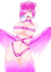 chastity chastity_cage femboy harpy harpy_girl jesscatg large_breasts pink_hair red_eyes sissification sissy sissyfication tagme transformation wide_hips