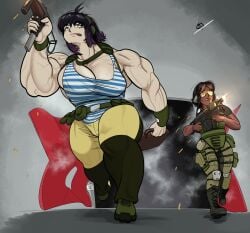 anne_(sovietmarmalade) armor armored_female big_breasts breaching broad_shoulders bushmannerino combat commission commission_art dark-skinned_futa gun gunfire larger_female light-skinned_female massive_breasts megan_(sovietmarmalade) military_clothing military_uniform muscular muscular_arms muscular_female newgrounds newgrounds_username running shooting smaller_futa sovietmarmalade thick_thighs vascular wide_hips wolfcut