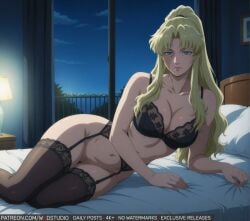 ai-created balalaika bangs bare_shoulders bed bed_sheet bedroom black_bra black_clothes black_lagoon black_legwear black_panties black_thighhighs black_underwear blonde_hair blue_eyes blush bottomless bra breasts burn_scar clavicle cleavage clothing curtains female female female_only female_pubic_hair garter_belt garter_straps indoors lace lace-trimmed_bra lace_trim lamp large_breasts legwear lingerie lips long_hair looking_at_viewer lying mole mole_under_eye navel night night_sky on_bed on_side pantsu parted_lips pillow ponytail pubic_hair scar scar_across_eye scar_on_face sitting sky solo star_(sky) thighhighs thighs tied_hair underwear underwear_only window wodstudio