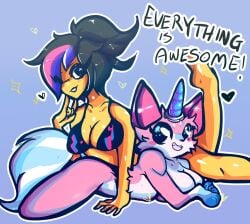 2015 2girls anthro bikini black_bikini black_hair blue_horn blue_tail breasts cat_girl catgirl closed_eyes clothed colorful_hair devil_horns domestic_cat duo duo_female english_text felid feline felis female female_only fur furry hair hands_over_breasts heart heart_symbol hi_res horn humanoid lego legs_up lying lying_down multicolored_hair naked one_closed_eyes one_leg_up pink_body pink_fur purple_hair sign_of_the_horns simple_background smile smile_at_viewer tail teeth text the_lego_movie unikitty unknown_artist wyldstyle yellow_body