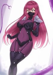 bodysuit fate/grand_order fate_(series) grabbing_own_breast jessicatg large_breasts mask purple_hair red_eyes red_hair scathach_(fate) skin_tight tagme
