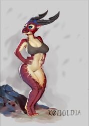 anthro armpits barely_visible_genitalia bottomless breasts clothed clothing dinosaur featureless_crotch female horn hybrid pussy smile solo standing wolvalix